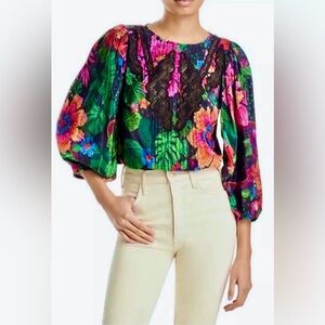 FARM Rio Tropical Floral Long Sleeve Silky Blouse Lace Detail Size XL
